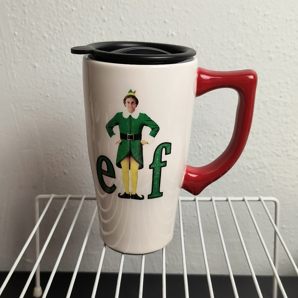 Christmas Spoontiques Elf Travel Mug W/ Lid Ceramic 18oz Buddy The Elf White/Red